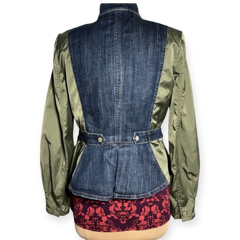 White House Black Market Blue Denim Jacket with olive green satin sleeves Size 8 - Picture 5 of 10